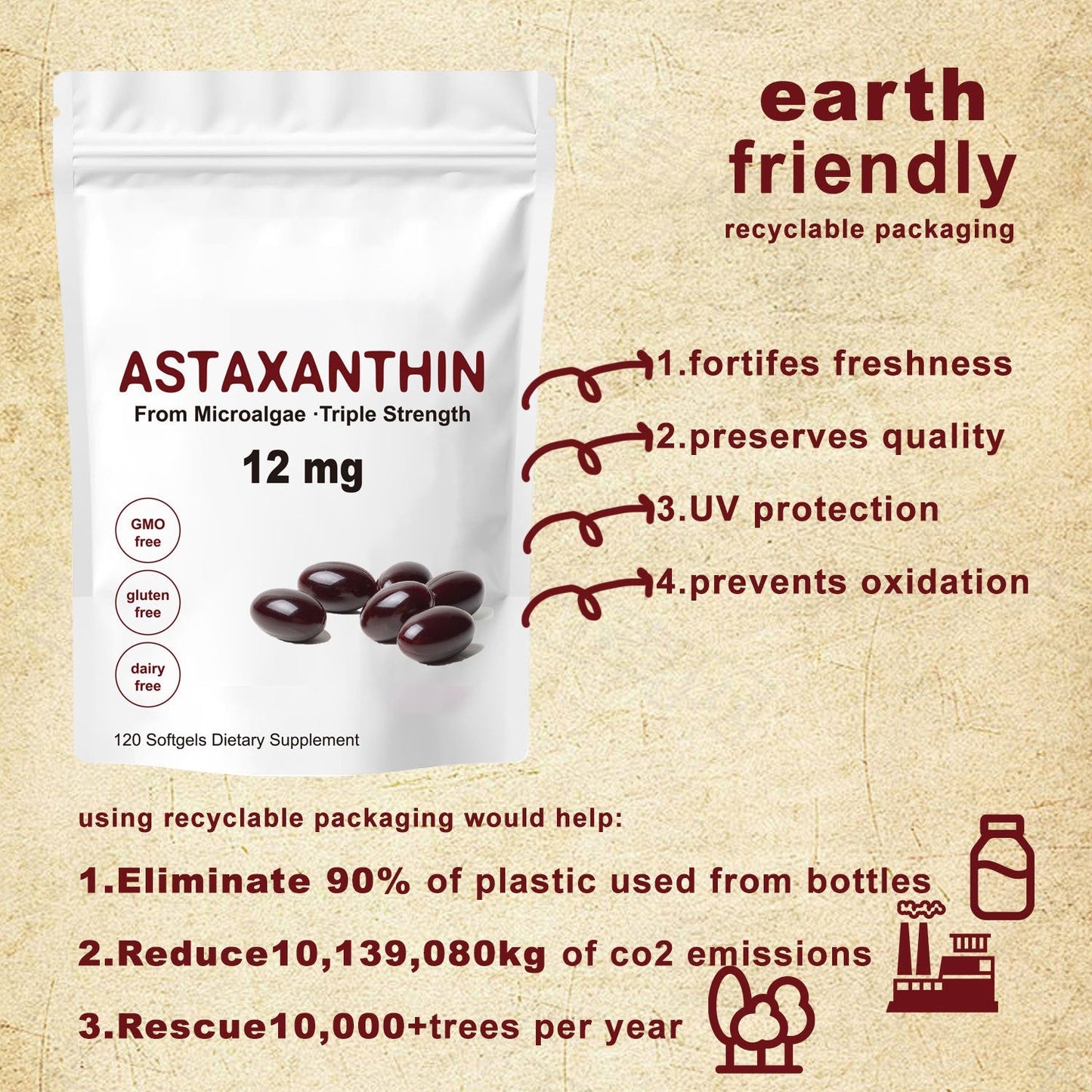Astaxanthin 12mg Softgels - Triple Strength, From Microalgae, Antioxidant Support, Non-GMO, Gluten-Free & Dairy-Free, 120 Softgels