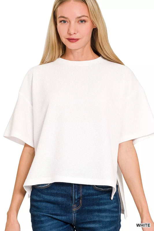 Zenana Full Size Double Knit Side Slits Hi Low Short Sleeve Top Plus Size