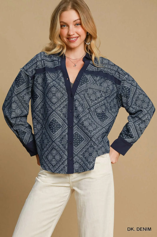Umgee Paisley Print Denim Shirt Jacket