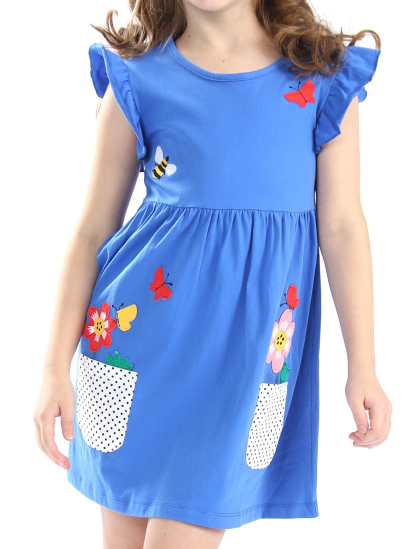 Children's Bird Applique Pocket Ruffle Sleeve Dress