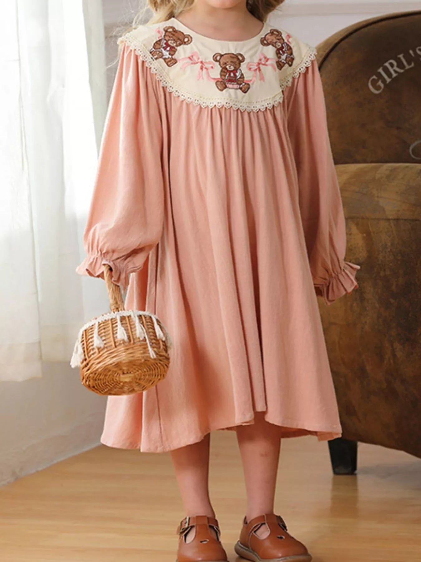 Children's Teddy Bear Embroidered Collar Long Sleeve Dress