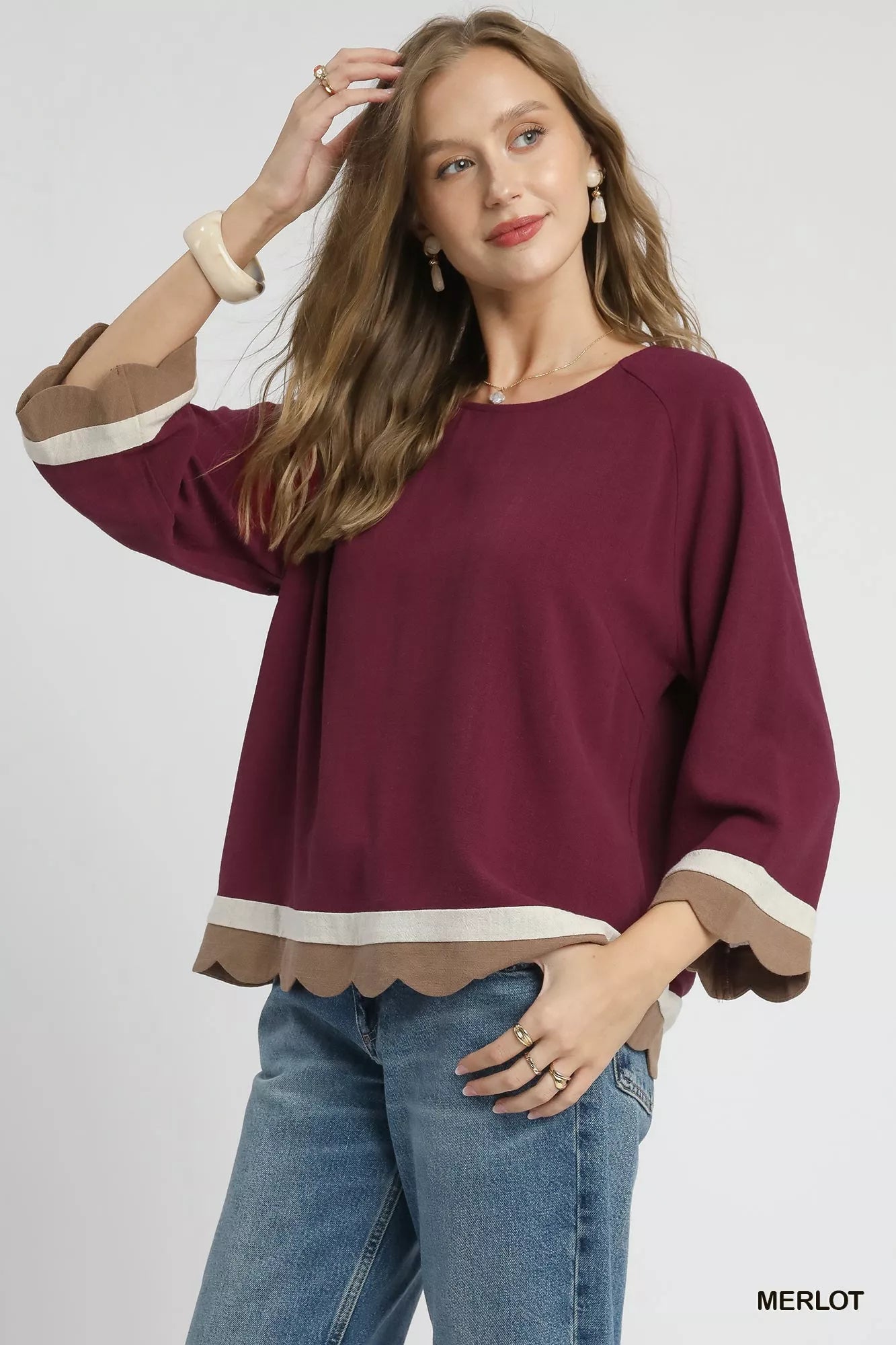 Umgee Scalloped Hem Color Block Top