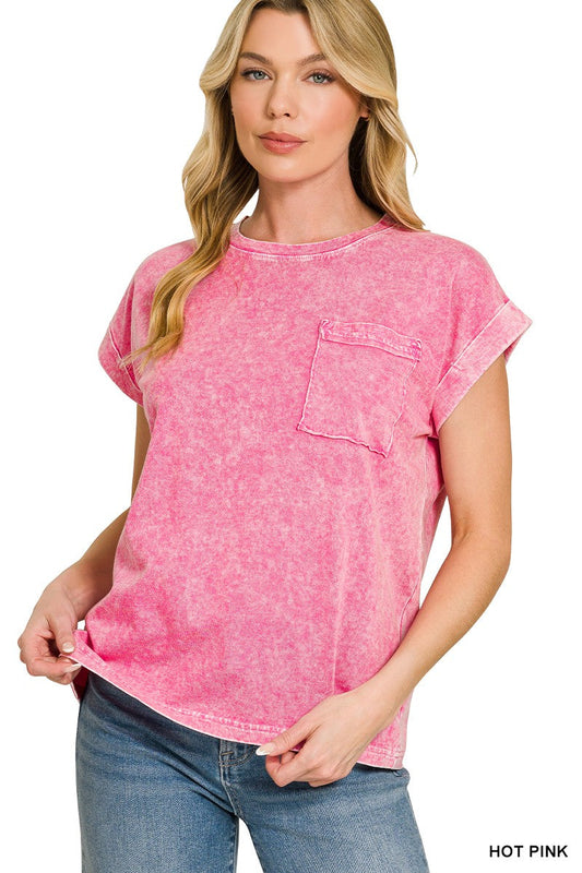 Zenana Halo Snow Washed Cuffed Short Sleeve Tee