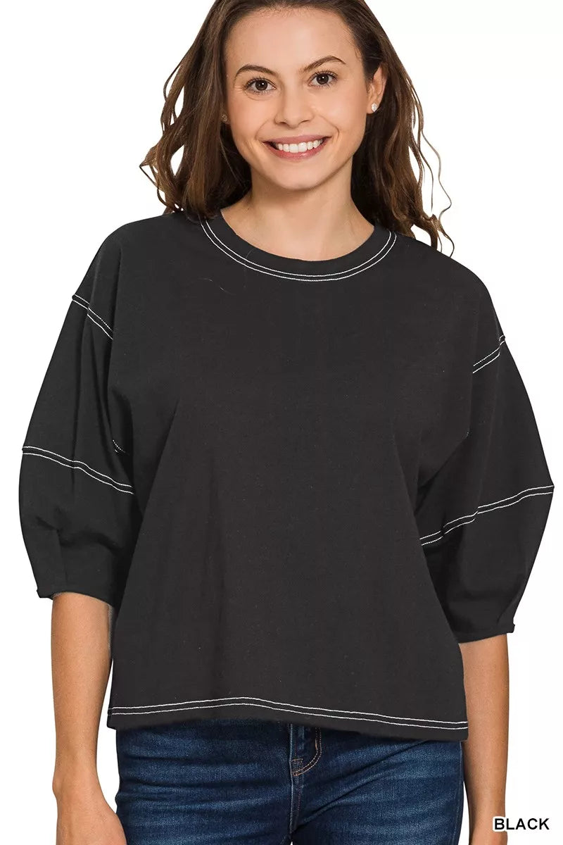 Zenana Balloon Sleeve Top with Contrast Stitching