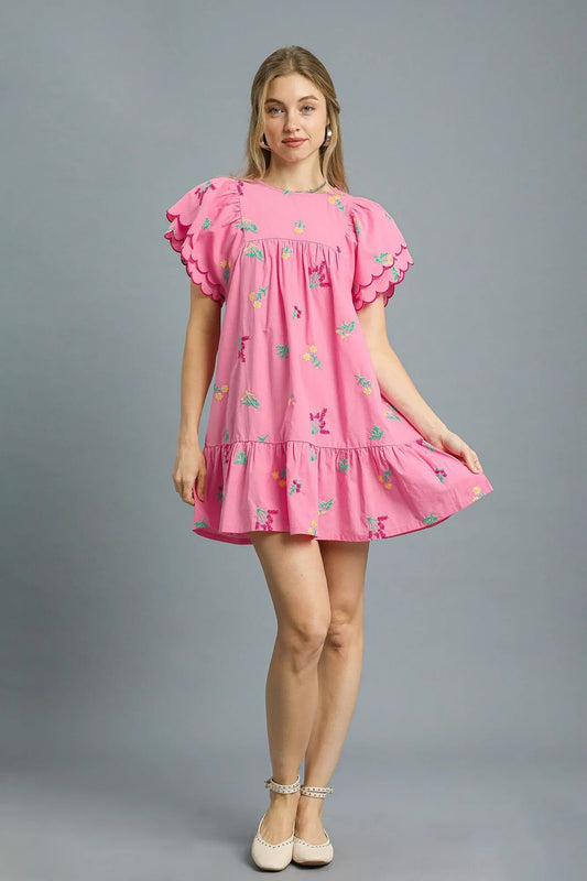 Umgee Floral Embroidered Short Sleeve Mini Dress