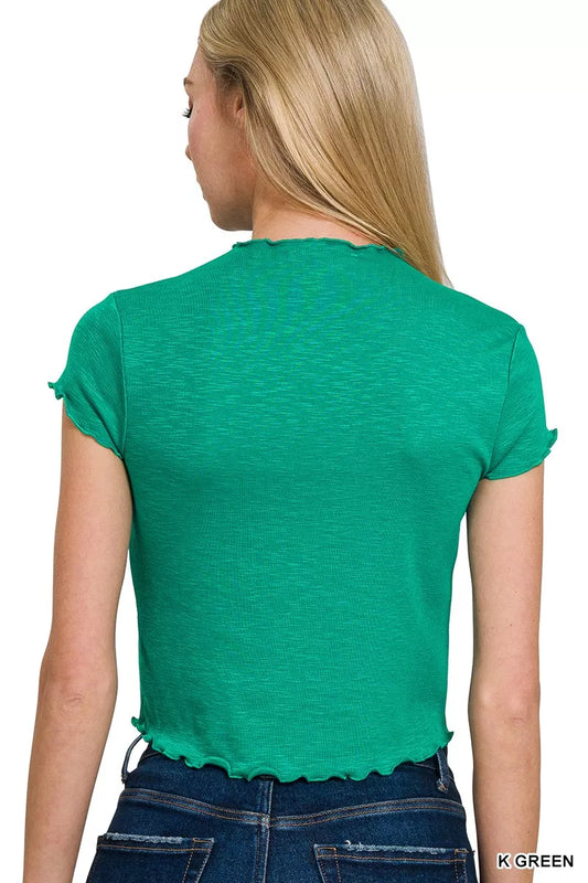 Zenana Cotton Modal Slub Lettuce Trimmed Cropped T-Shirt