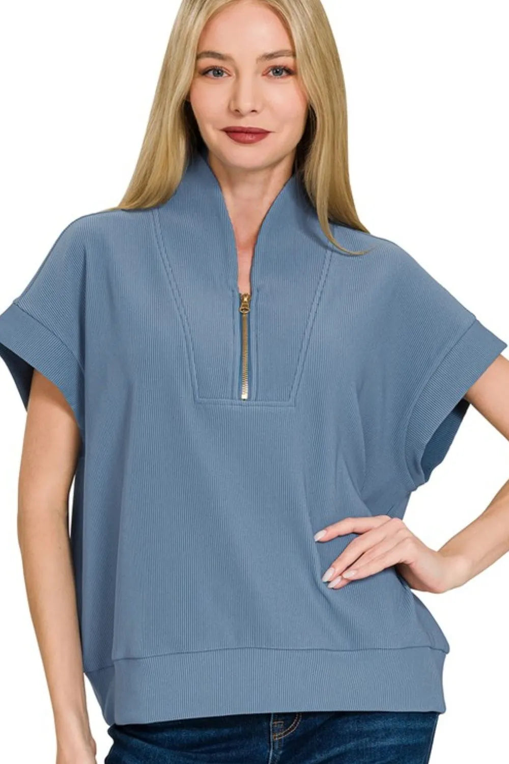 Zenana Ribbed High Neck Half Zip Top