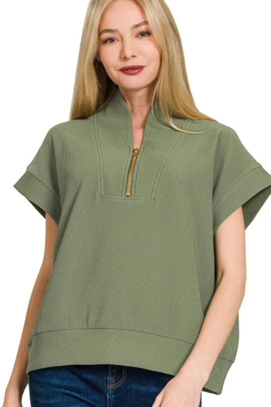 Zenana Ribbed High Neck Half Zip Top