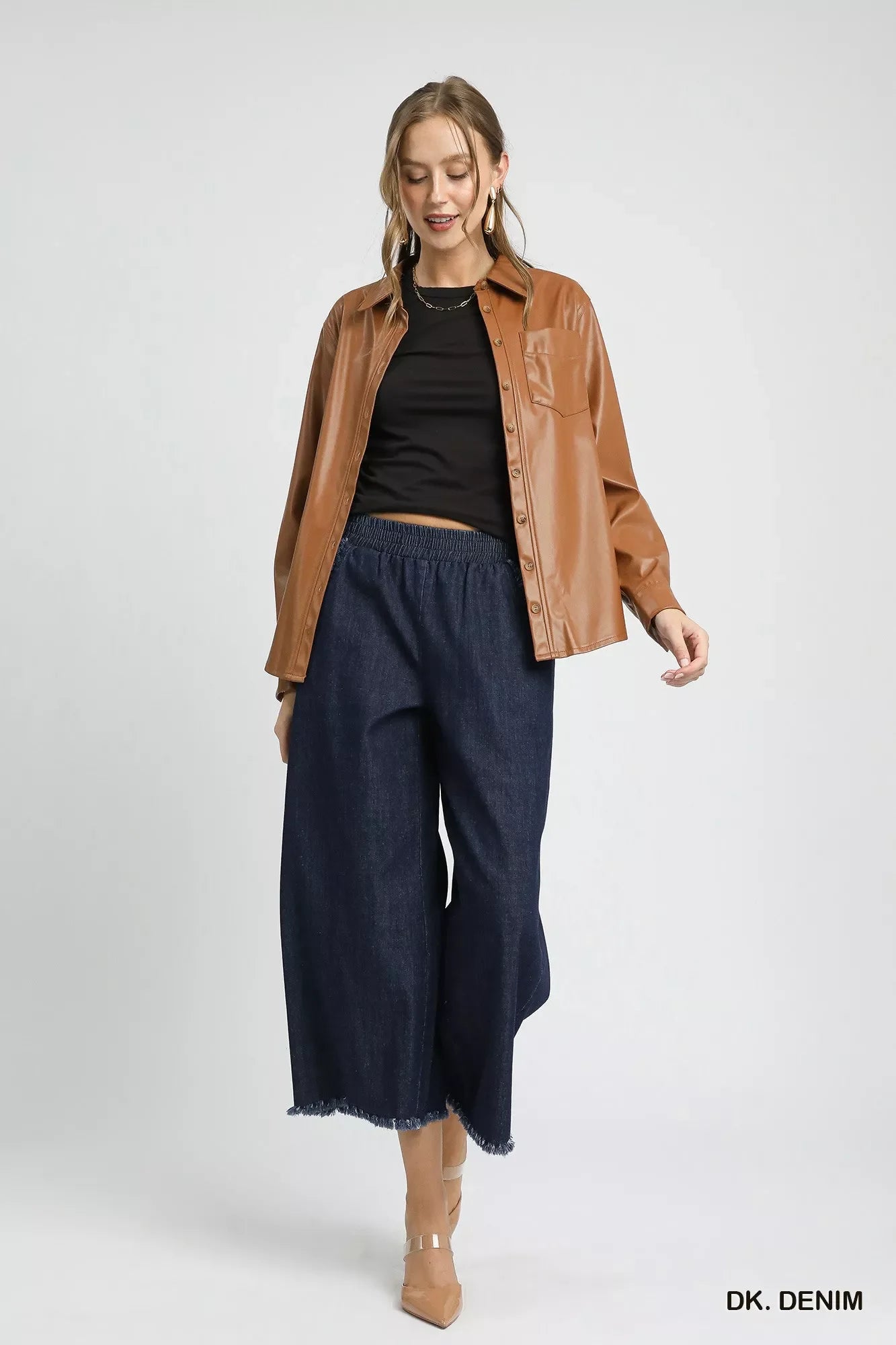 Umgee Washed Fringe Hem Wide Leg Jeans