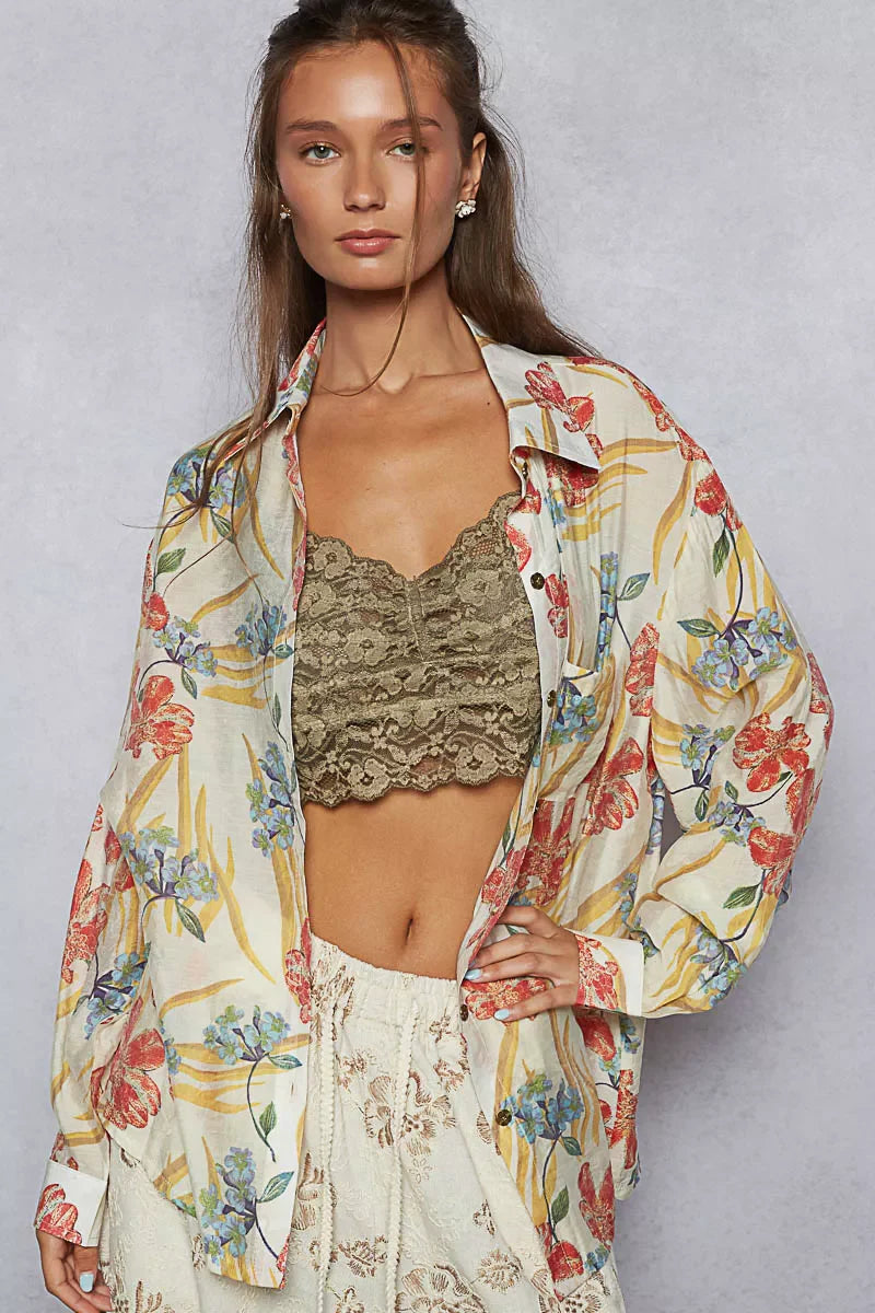 POL Floral Print Button Down Long Sleeve Shirt