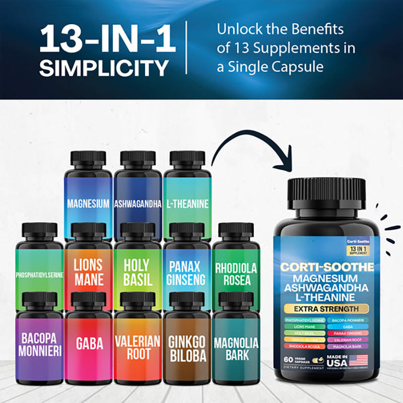 Corti-Soothe 13-in-1 Magnesium Ashwagandha L-Theanine Supplement, Extra Strength Blend For Stress Support, 60 Capsules