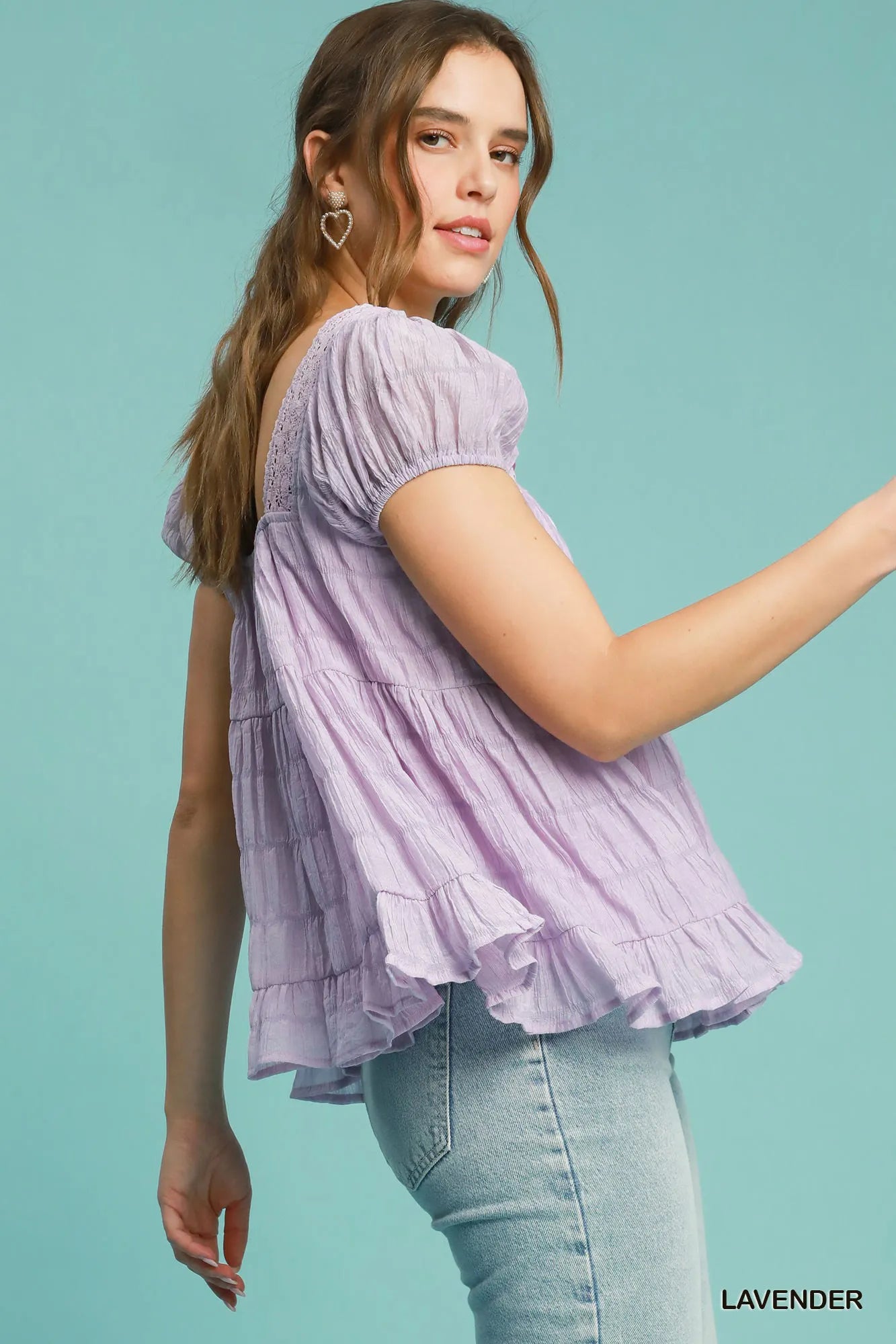 Umgee Textured Square Neck Bow Tie Blouse with Ruffle Hem