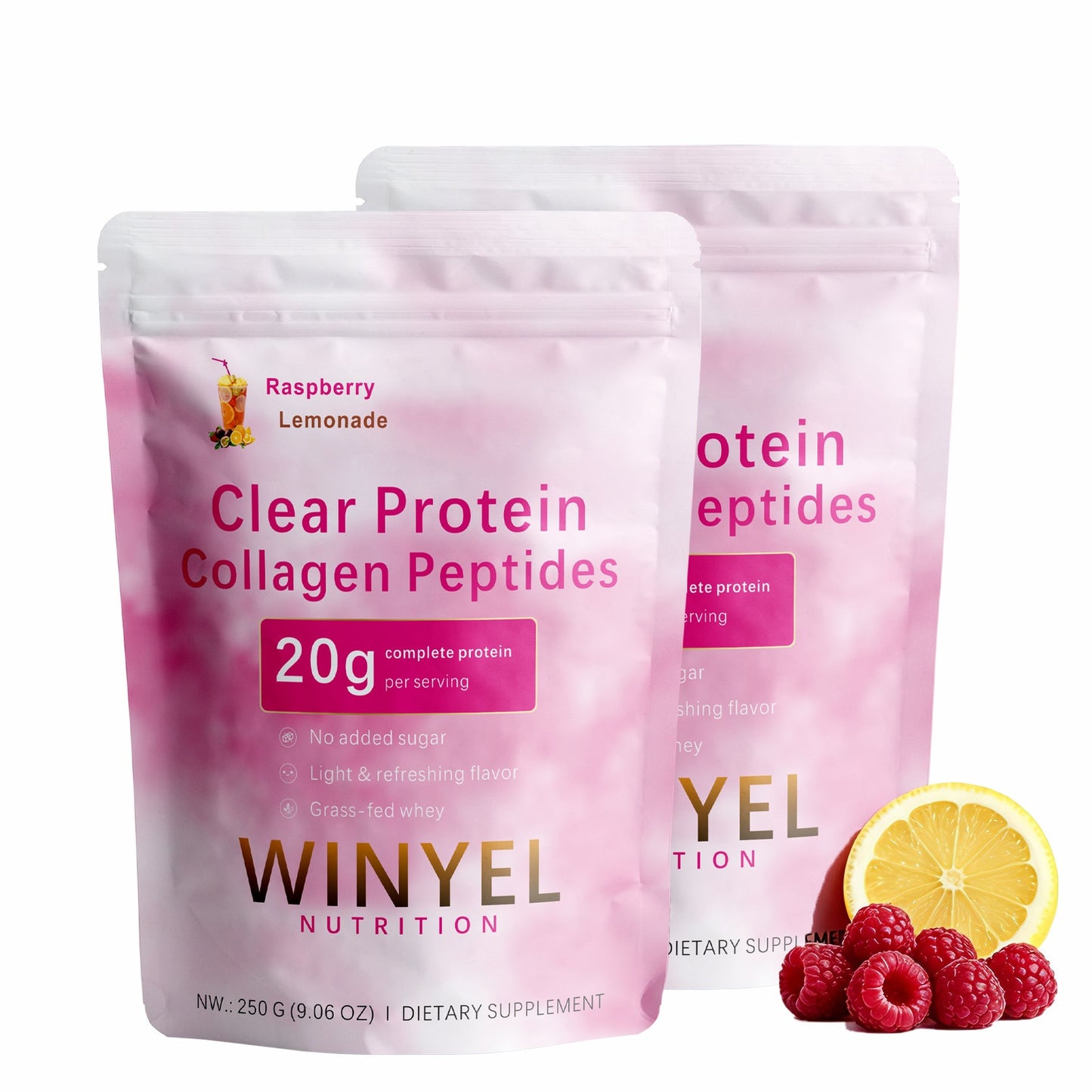 WINYEL Nutrition Clear Protein Collagen Peptides, Raspberry Lemonade, 20g Protein, Zero Sugar, Grass-Fed Whey, 250g