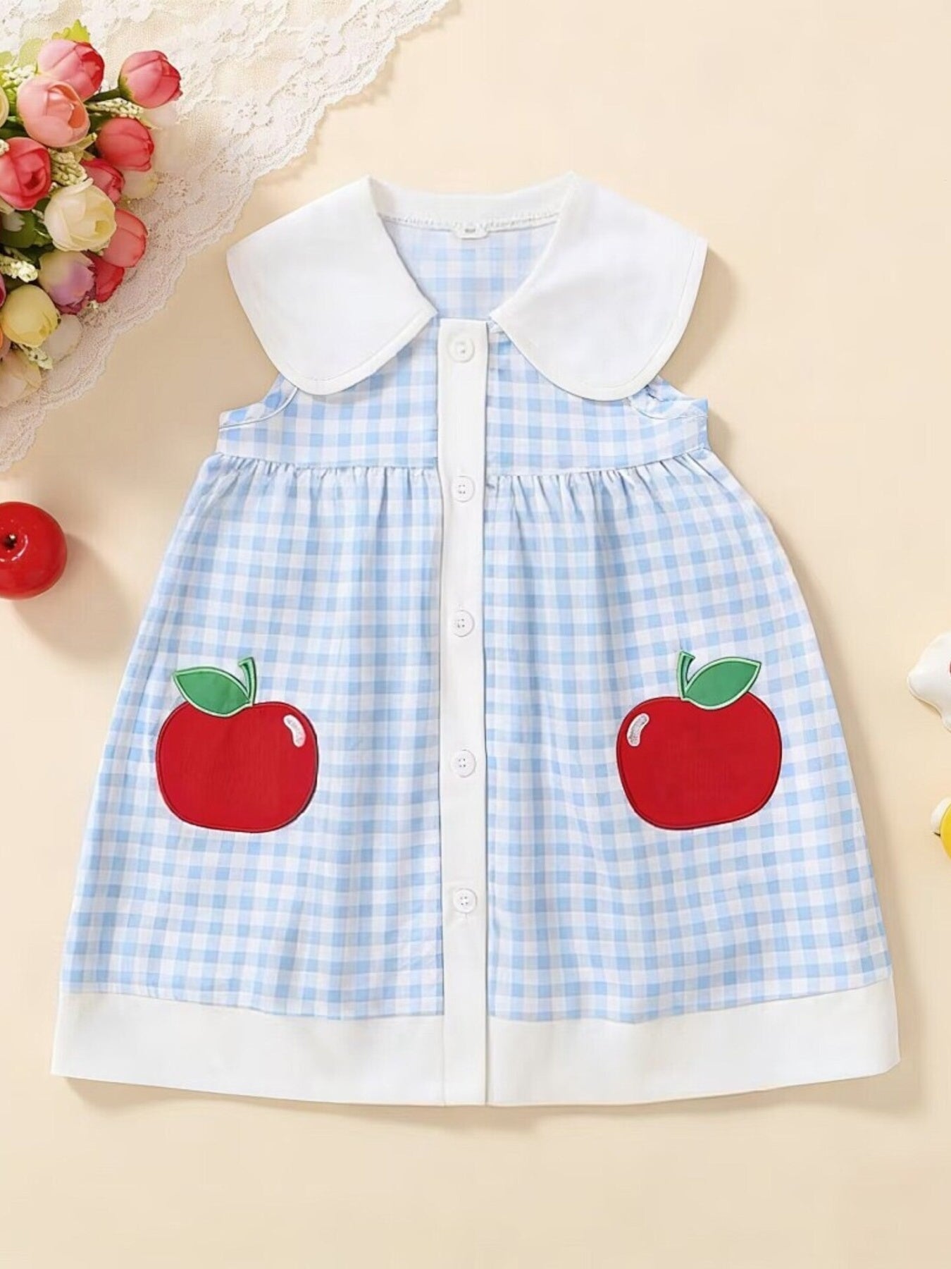 Children's Fruit Embroidered Sleeveless Plaid Dress