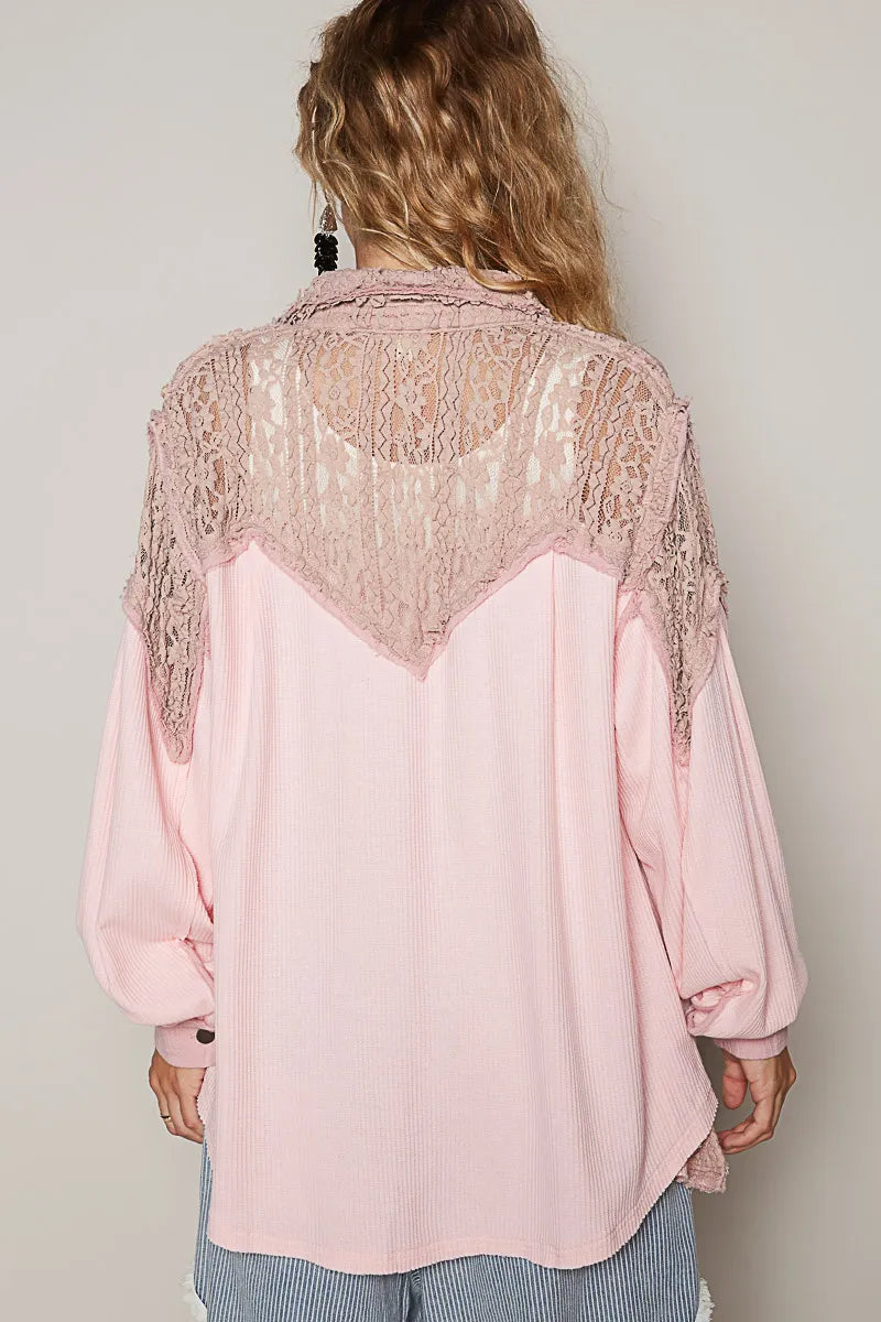 POL Lace Patchwork Button Up Shacket