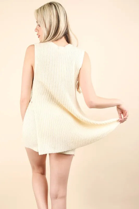 VERY J Slit Round Neck Top and Shorts Sweater Set