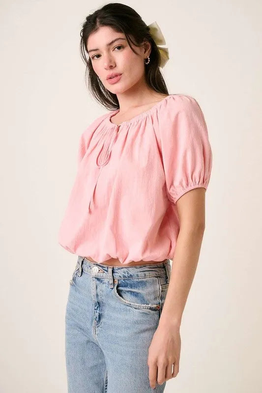 Mittoshop Linen Two-Way Short Sleeve Crop Blouse