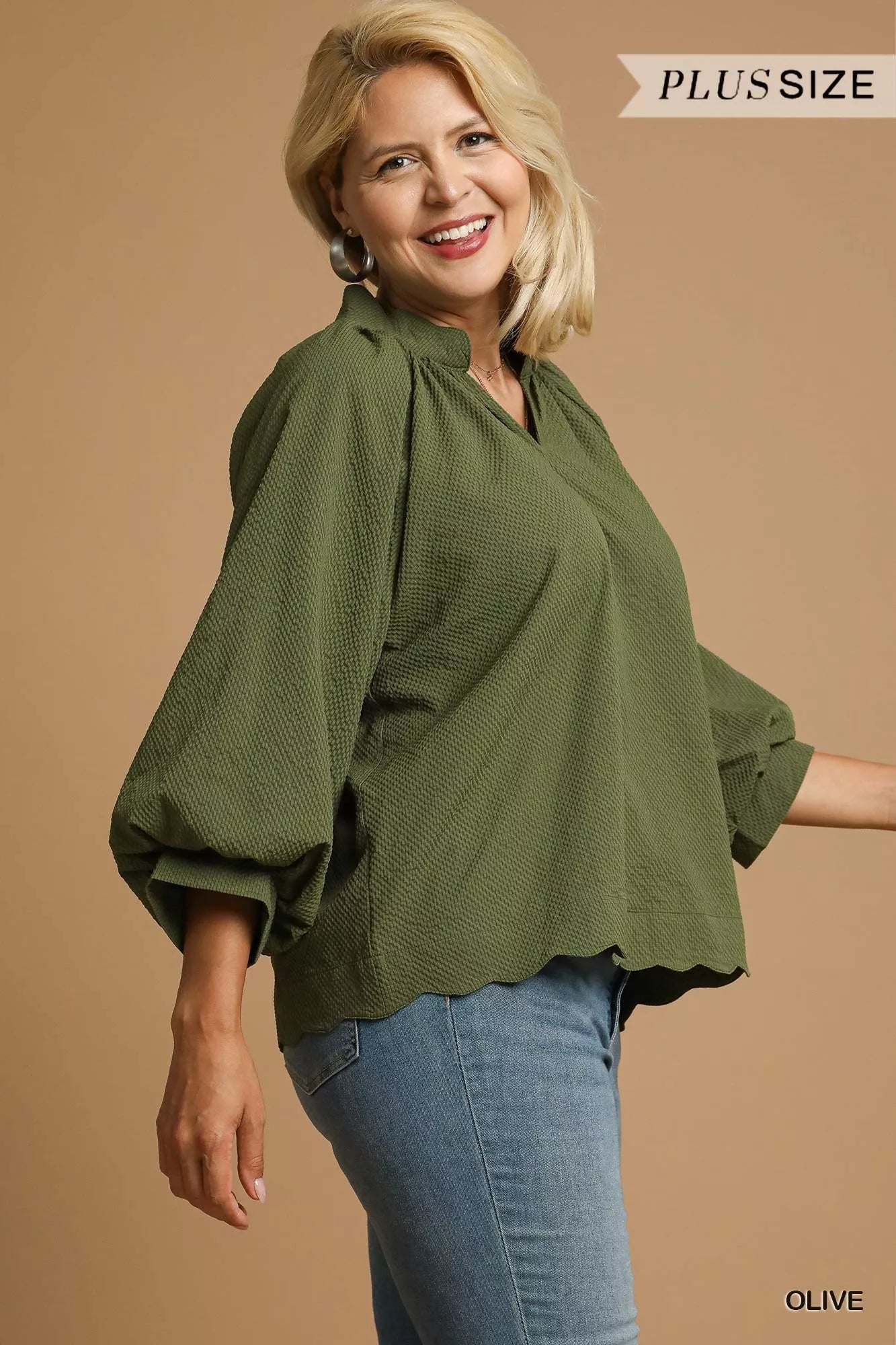 Umgee Full Size Textured Notched Balloon Sleeve Blouse Plus Size