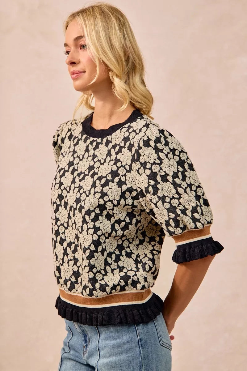 BiBi Textured Rose Knit Top Contrast Banded Puff Sleeve