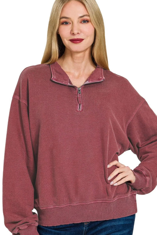 Zenana F/terry Pigment Dye & Enzyme Washing Half Zip Top