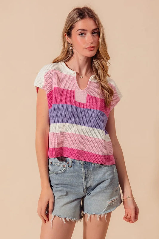 SO ME Multi Color Stripe Loose Fit Cap Sleeve Sweater Top