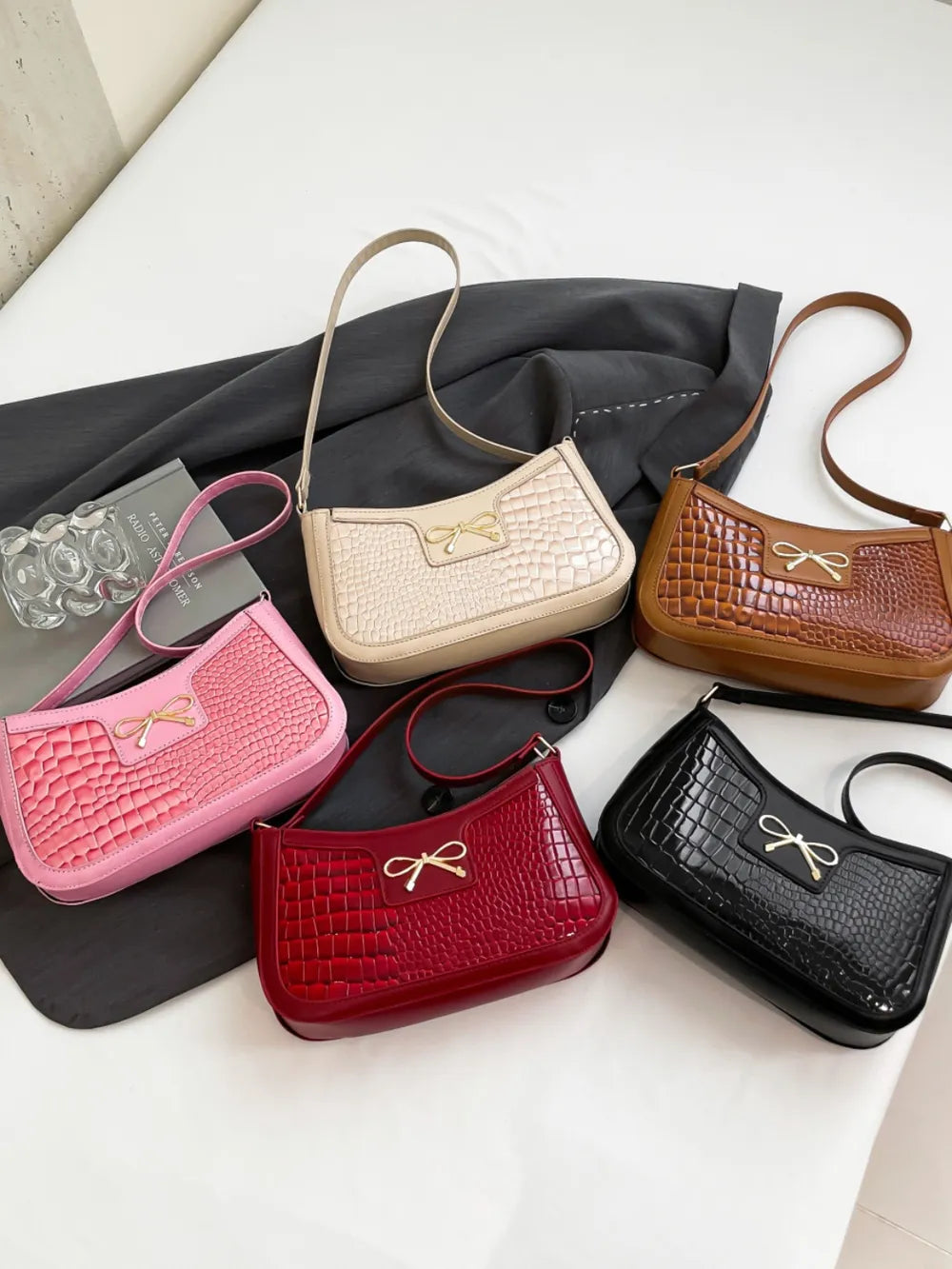 Crocodile Pattern Shoulder Bag with Bow Detail