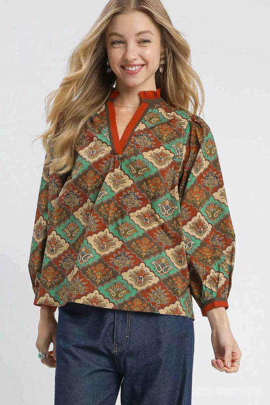 Umgee Abstract Print Ruffle Neck Top