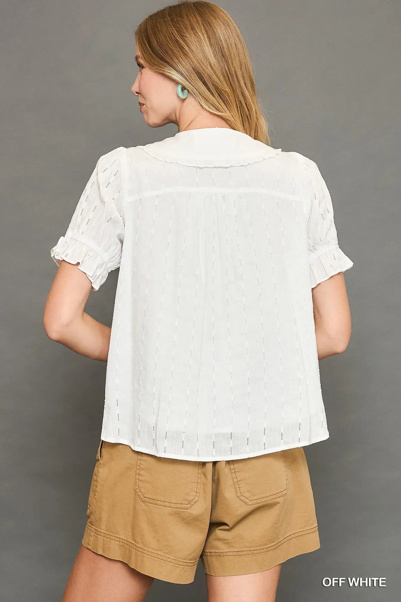 Umgee Peter Pan Collared Button Down Textured Shirt with Ruffled Detail