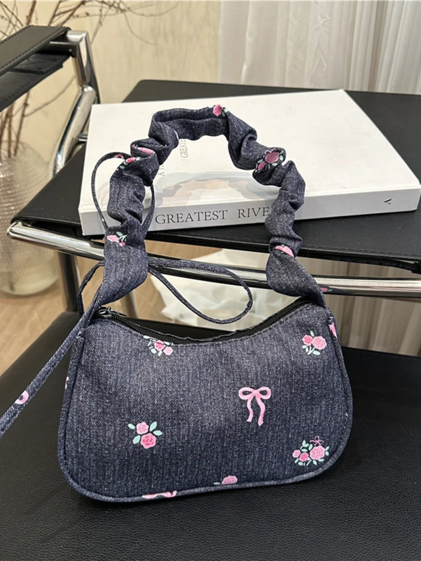 Embroidered Ruched Strap Shoulder Bag