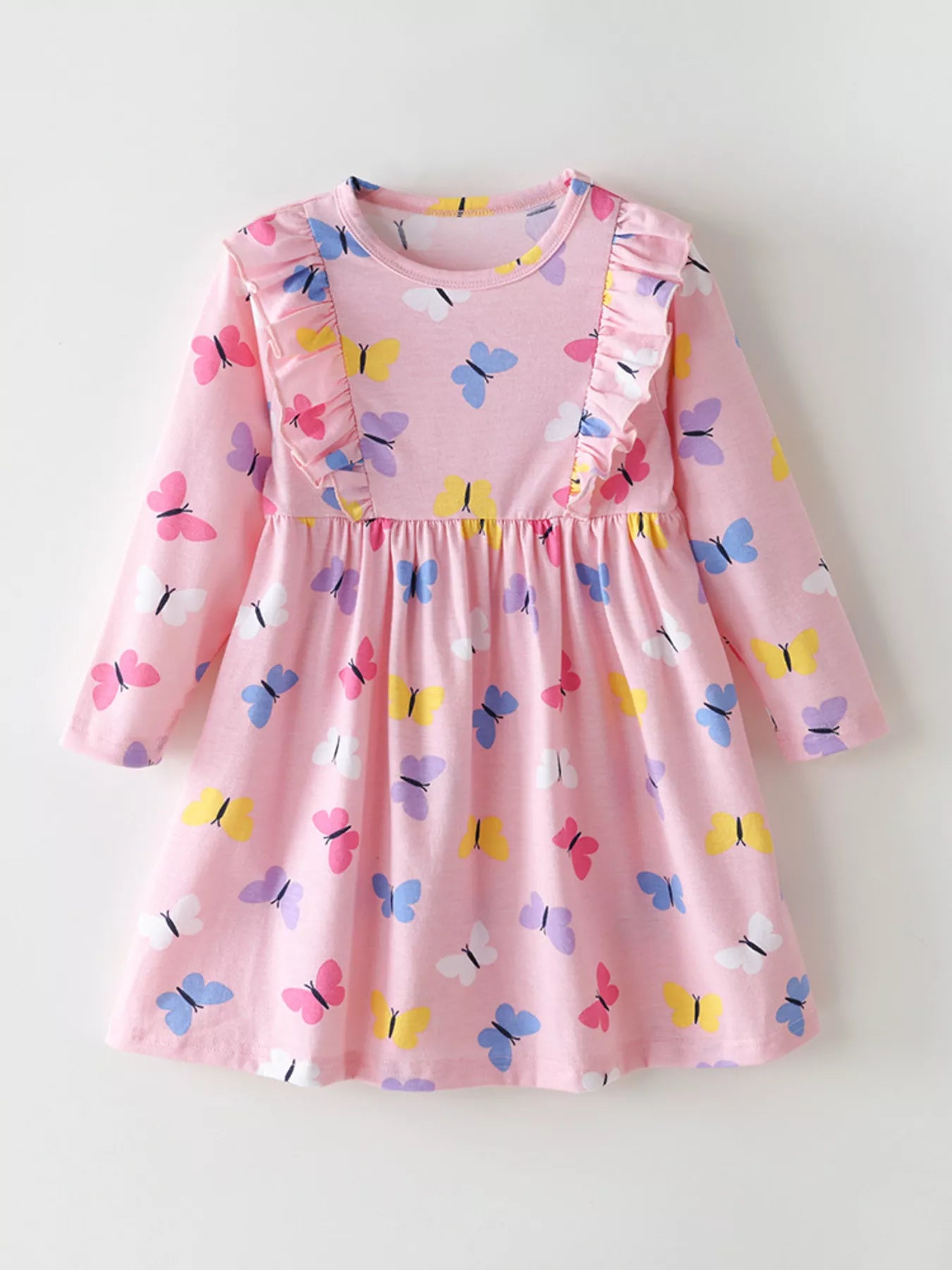Children's Butterfly Print Ruffle Trim Long Sleeve Dress