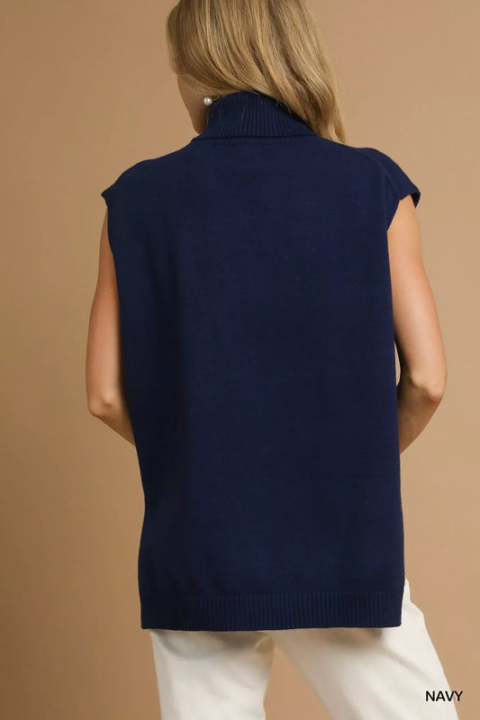 Umgee High-Low Turtleneck Sleeveless Sweater Top
