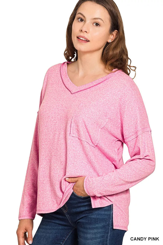 Zenana Soft Melange Hacci Exposed Seam Coin Pocket Tee