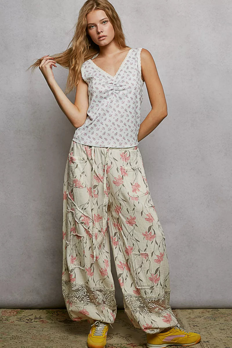 POL Ruched Floral V-Neck Tank with Lace Detail