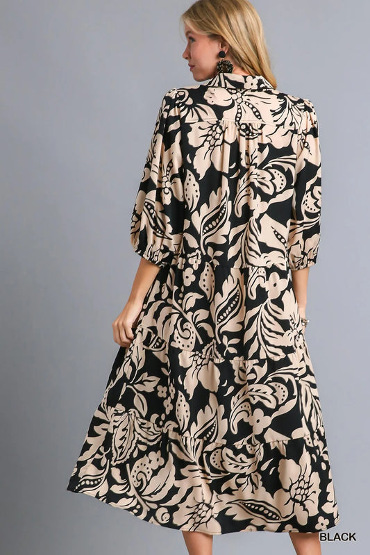 Umgee Floral Print Tiered Midi Dress