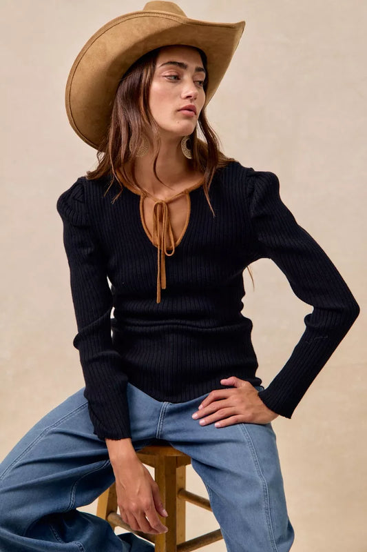 BiBi Ribbed Contrast Front Tied Top with Shrried