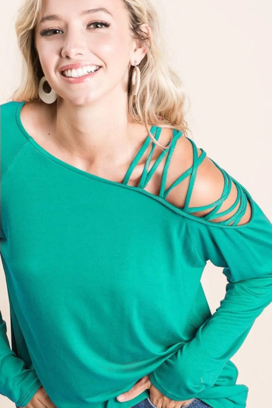 BiBi Jersey Knit One Shoulder Top with Criss Cross