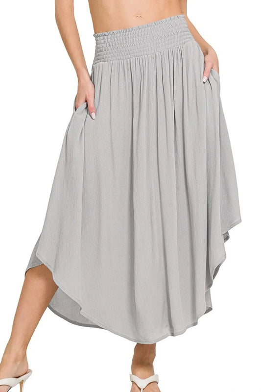 Zenana Woven Crinkle Smocked Waist Maxi Skirt W Pockets