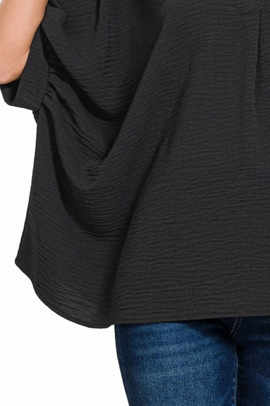 Zenana Woven Airflow V-neck Puff Half Sleeve Top
