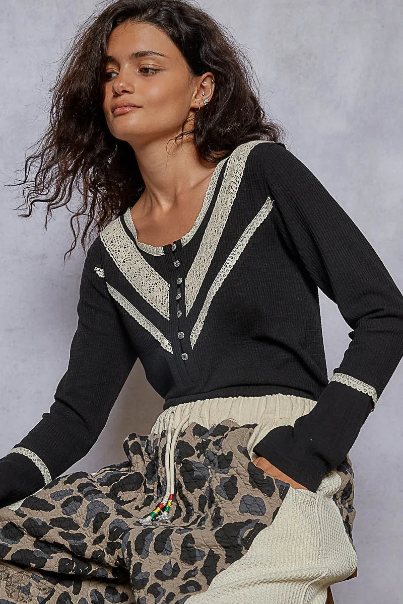 POL Ribbed Half Button Lace Detail Knit Top