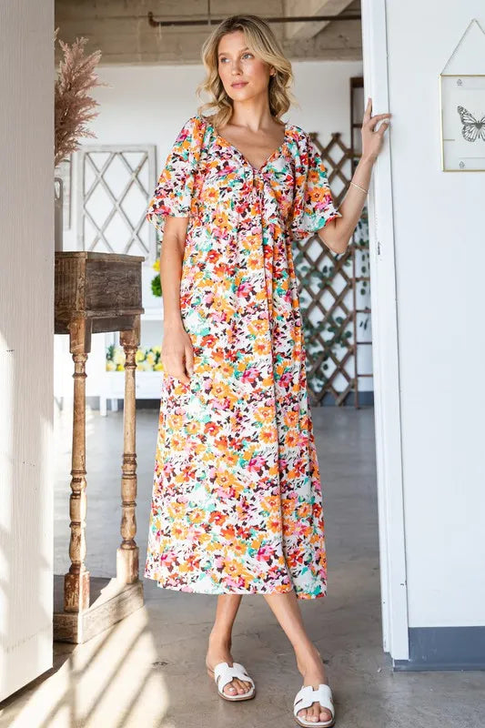 Lime 'N' Chili Floral Print Sweetheart Neck Tie Front Midi Dress