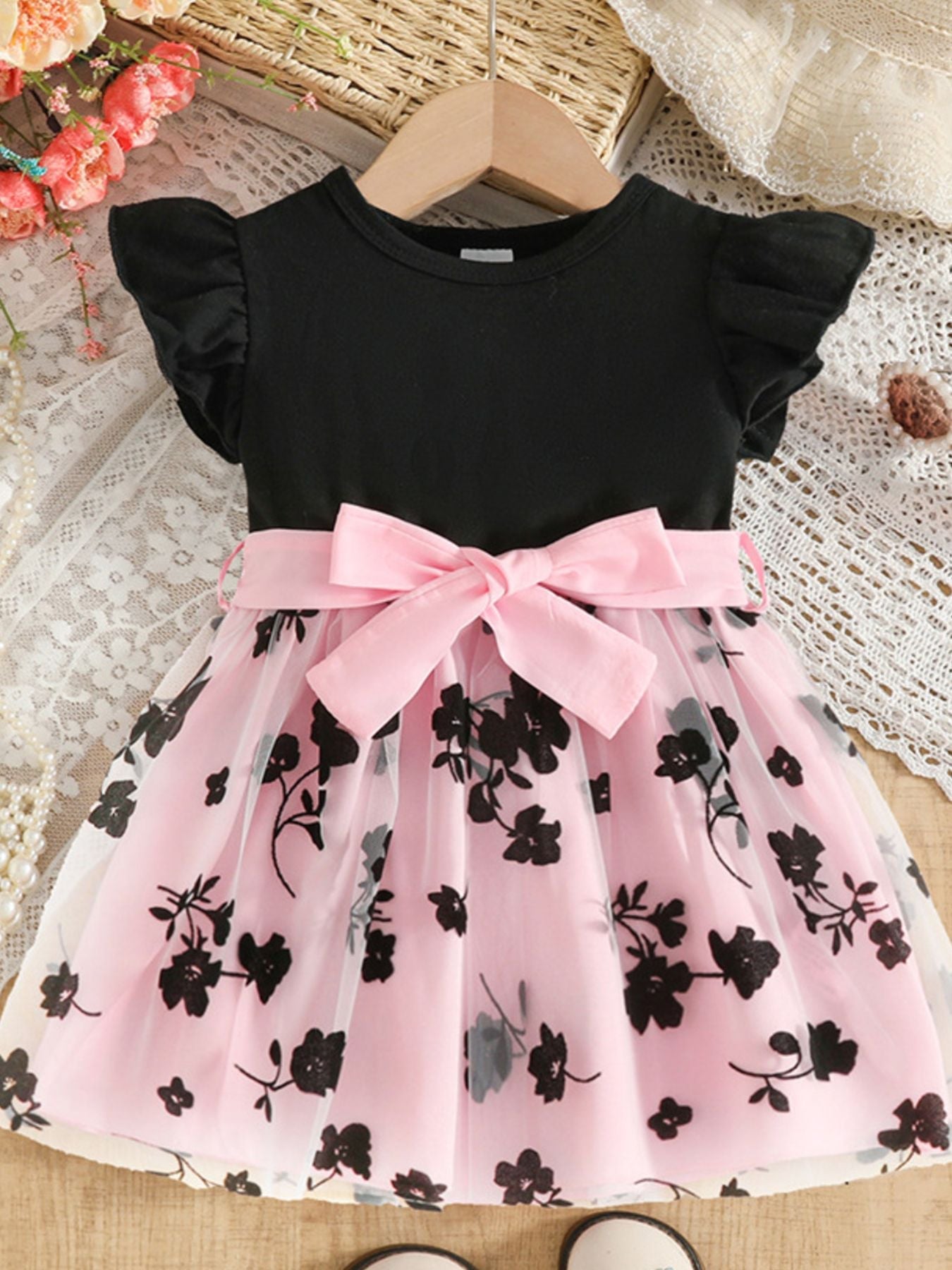Children's Floral Print Mesh Bowknot Toddler Dress