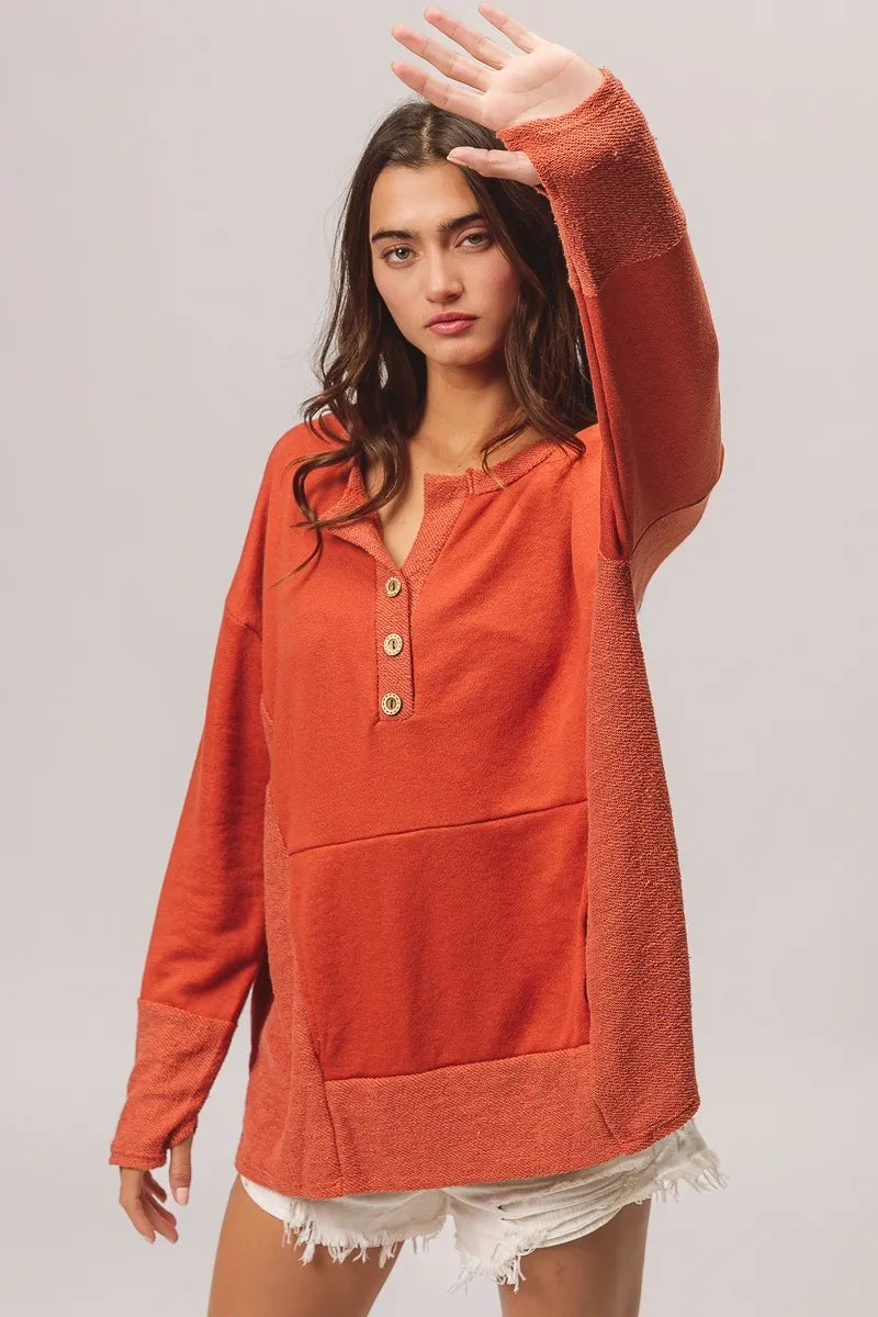 BiBi French Terry Knit Side Block Buttoned Henley Top
