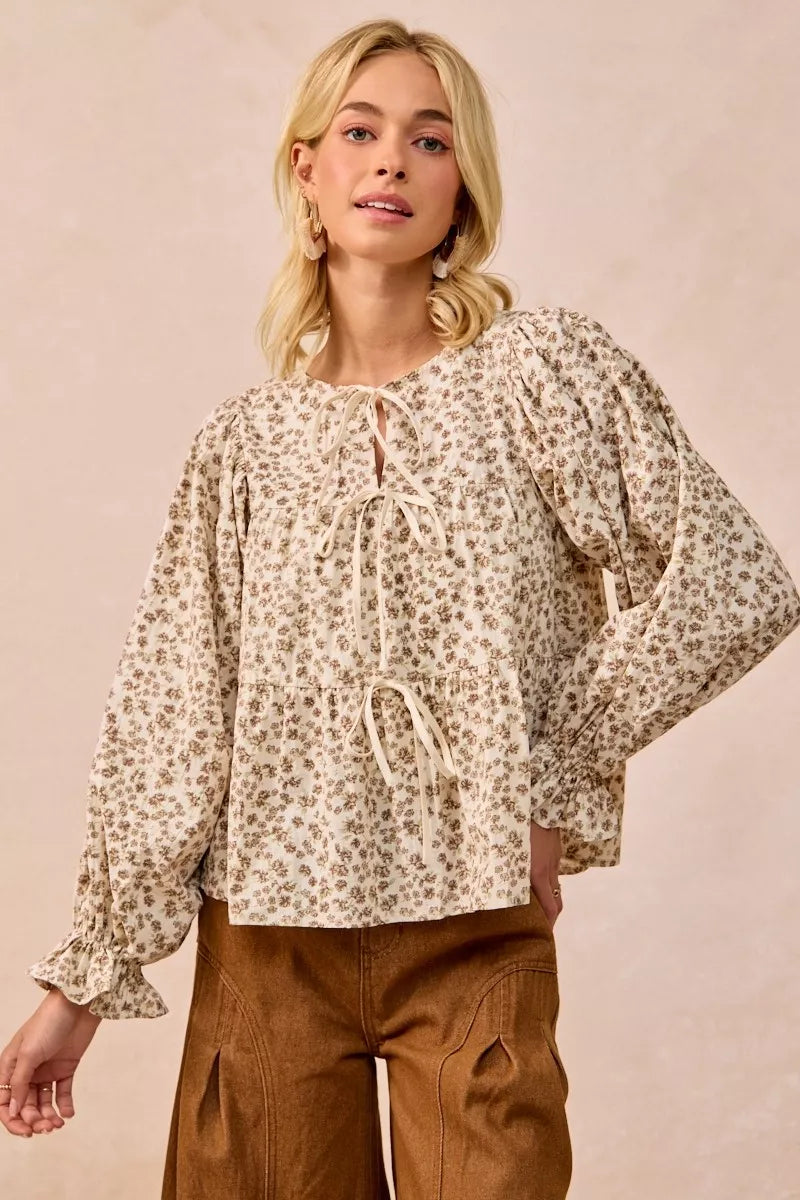 BiBi Floral Printed Peplum Blouse with Shirring and Tied