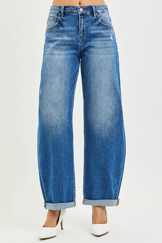 RISEN Full Size Mid Rise Barrel Double Roll Up Jeans Plus Size