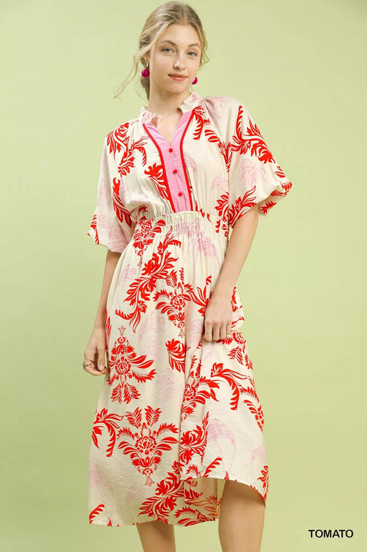 Umgee Tropical Print Button Detail Midi Dress