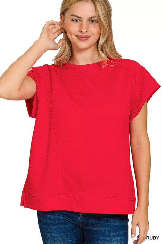 Zenana Textured Knit Jacquard Short Sleeve Top