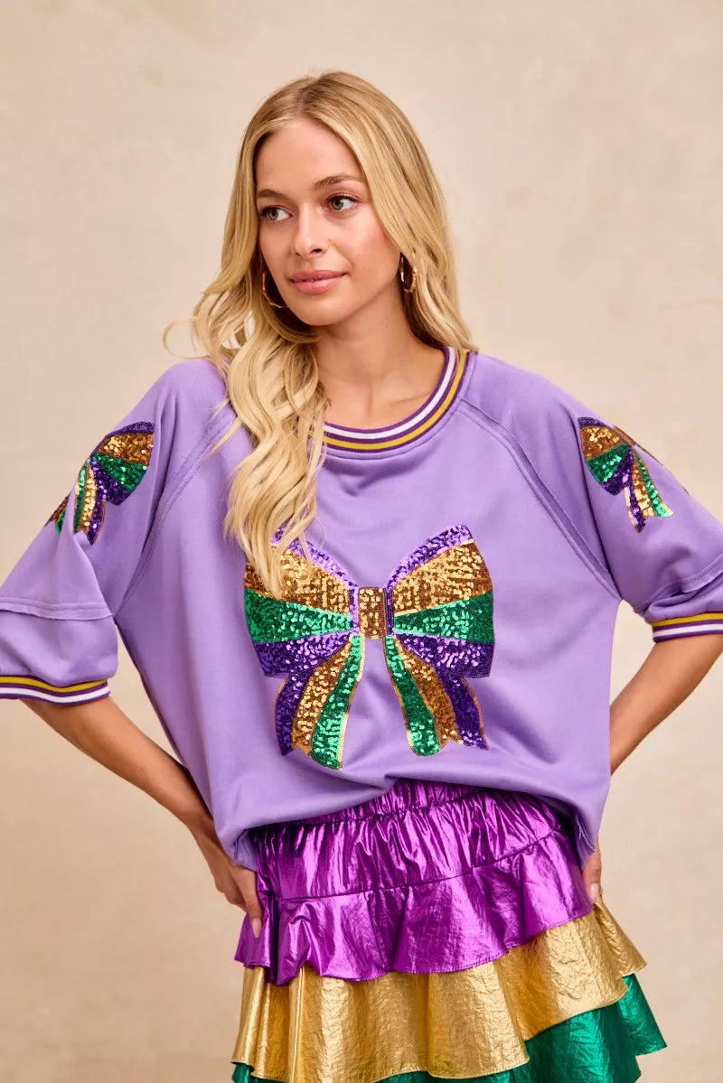 BiBi Mardi Gras Theme Ribbon Sequin Patched Top