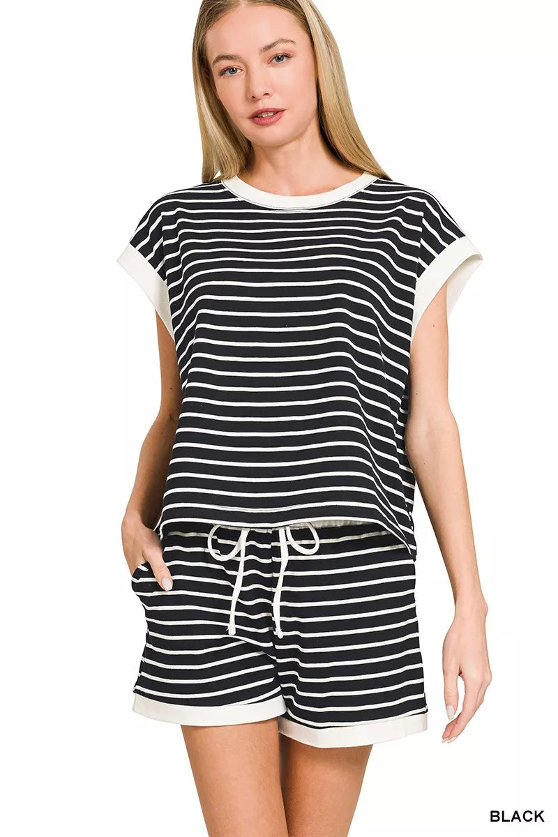 Zenana Stripe Contrast Trim Top & Shorts Set