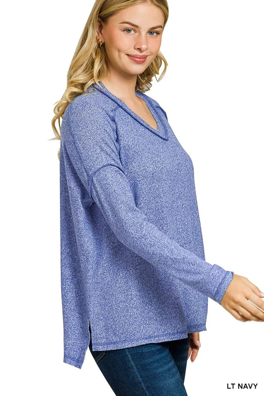 Zenana Soft Melange Hacci Exposed Seam Hi-low Tee
