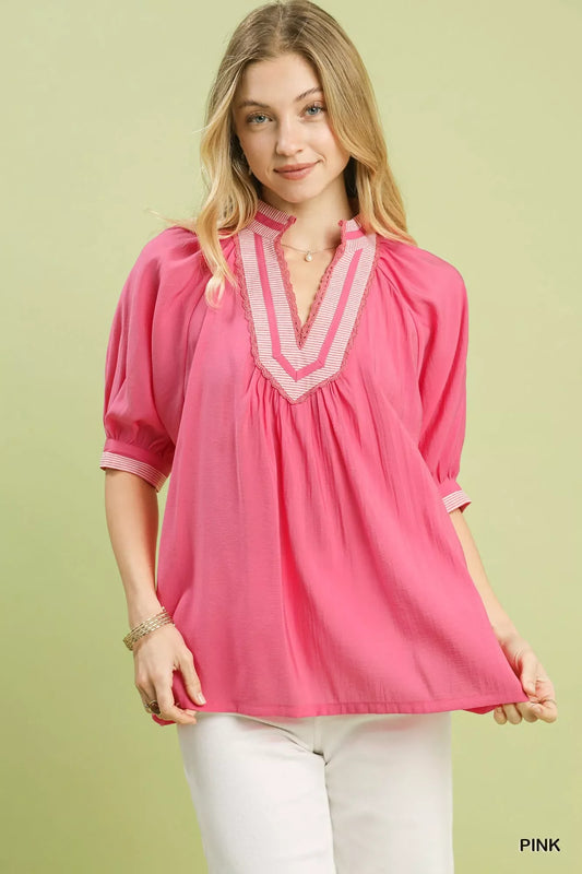 Umgee Solid Contrast Trim Pleated Top